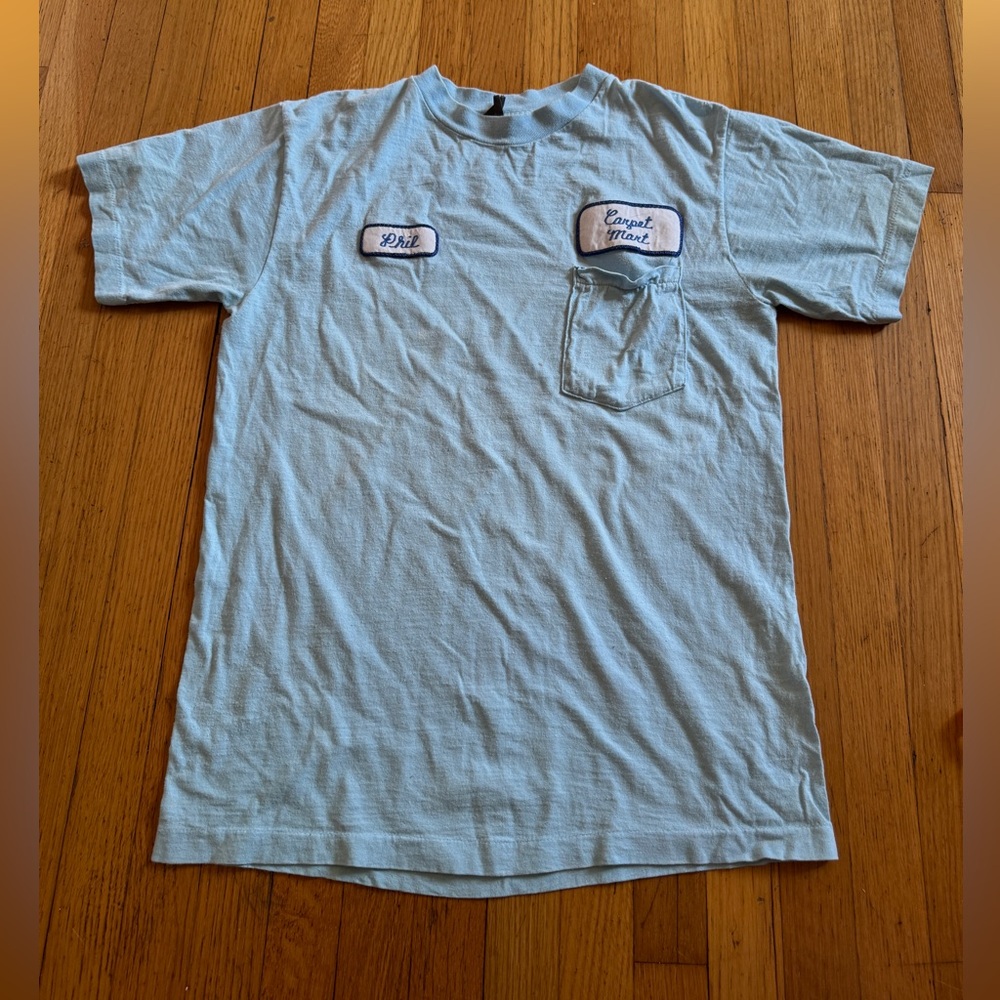 80s Vintage Baby Blue Single Pocket T with Patches - Picture 2 of 8